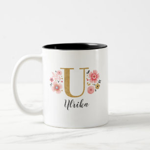Monogram Pink Floral Initial Letter U Two-Tone Coffee Mug