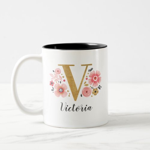 Monogram Pink Floral Initial Letter V Two_Tone Coffee Mug