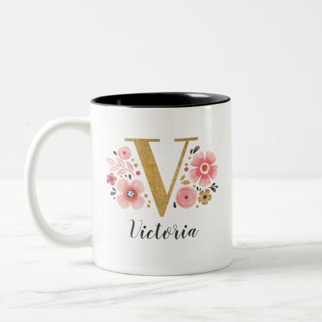 Monogram Pink Floral Initial Letter V Two-Tone Coffee Mug (Left)