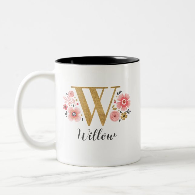 Monogram Pink Floral Initial Letter W Two-Tone Coffee Mug (Left)