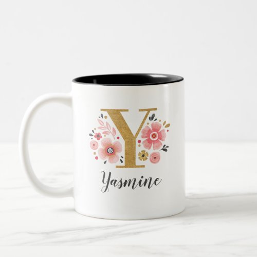 Monogram Pink Floral Initial Letter Y Two_Tone Coffee Mug