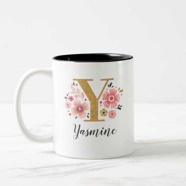 Monogram Pink Floral Initial Letter Y Two-Tone Coffee Mug (Left)