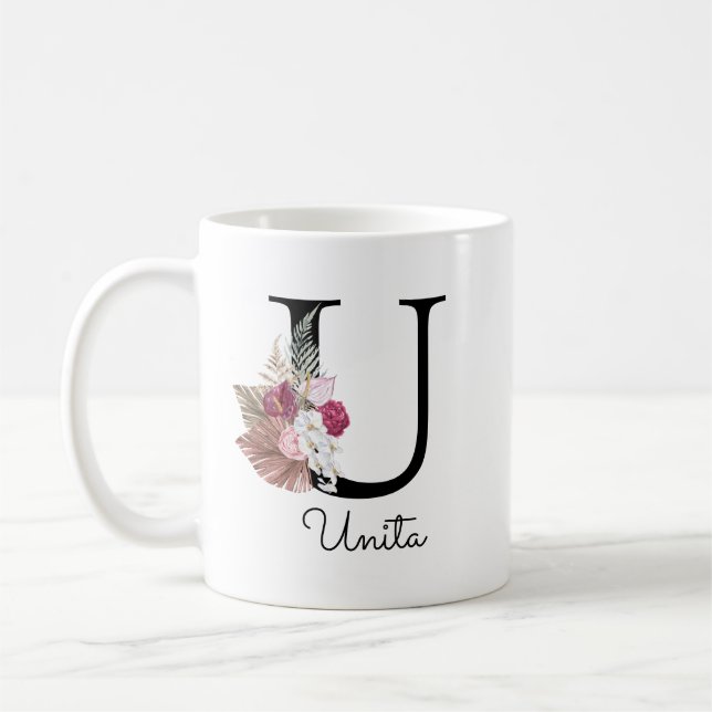 Monogram Pink Floral Initial U Coffee Mug (Left)