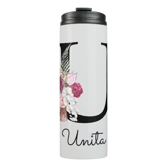 Monogram Pink Floral Initial U Thermal Tumbler (Front)