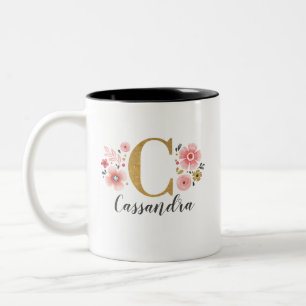 Monogram Pink Floral Letter C Two-Tone Coffee Mug