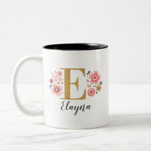 Monogram Pink Floral Letter E Two-Tone Coffee Mug