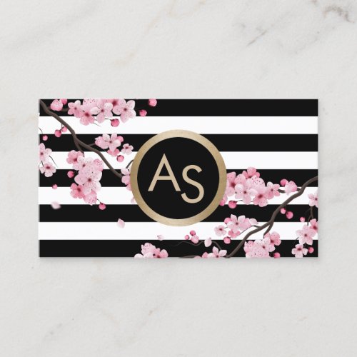 Monogram Pink Floral Modern Stripes Beauty Salon Business Card