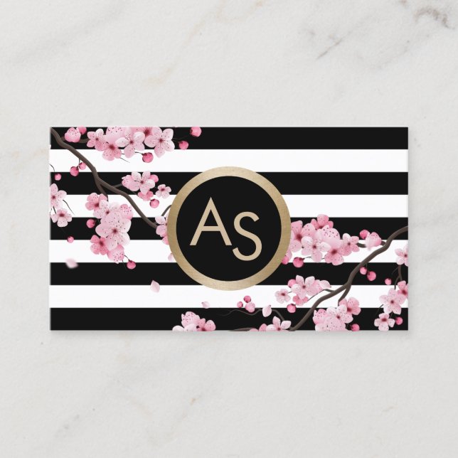 Monogram Pink Floral Modern Stripes Beauty Salon Business Card (Front)