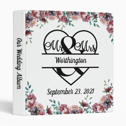 Monogram Pink Floral Name Date Wedding Album 3 Ring Binder