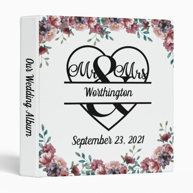 Monogram Pink Floral Name Date Wedding Album 3 Ring Binder (Front/Spine)