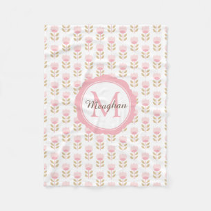 Monogram Pink Floral Pattern Baby Girl Nursery Fleece Blanket
