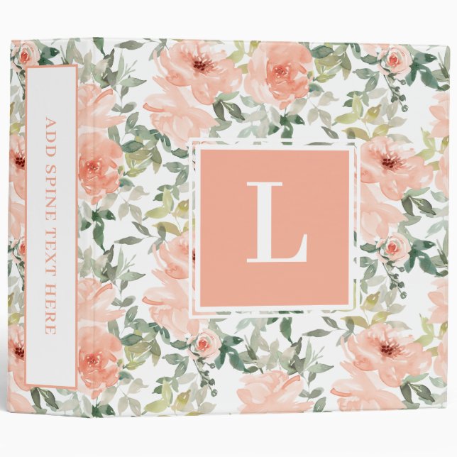 Monogram Pink Floral Roses 3 Ring Binder (Front/Spine)