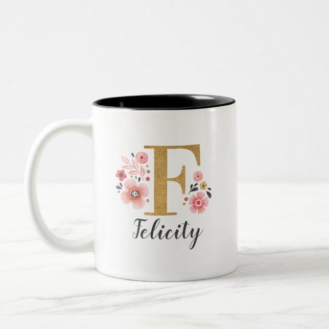 Monogram Pink Floral Two-Tone Coffee Mug (Left)