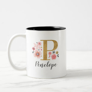 Monogram Pink Floral Two-Tone Coffee Mug