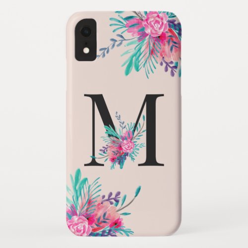 Monogram pink floral watercolor blush pink iPhone XR case