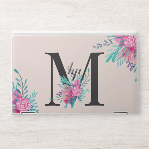 Monogram pink floral watercolor blush pink HP laptop skin