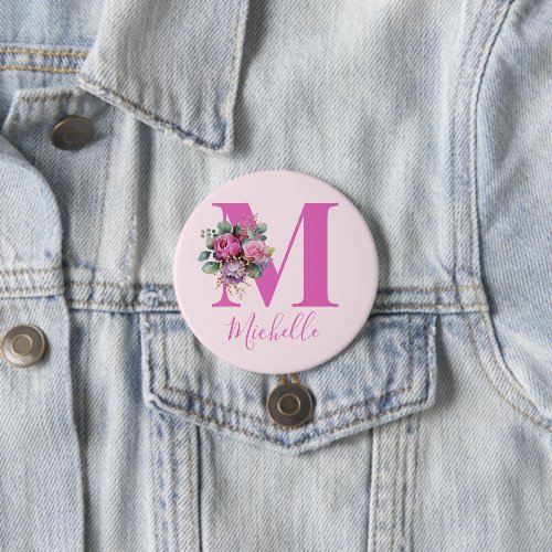 Monogram Pink Floral Watercolor Initial Name Button