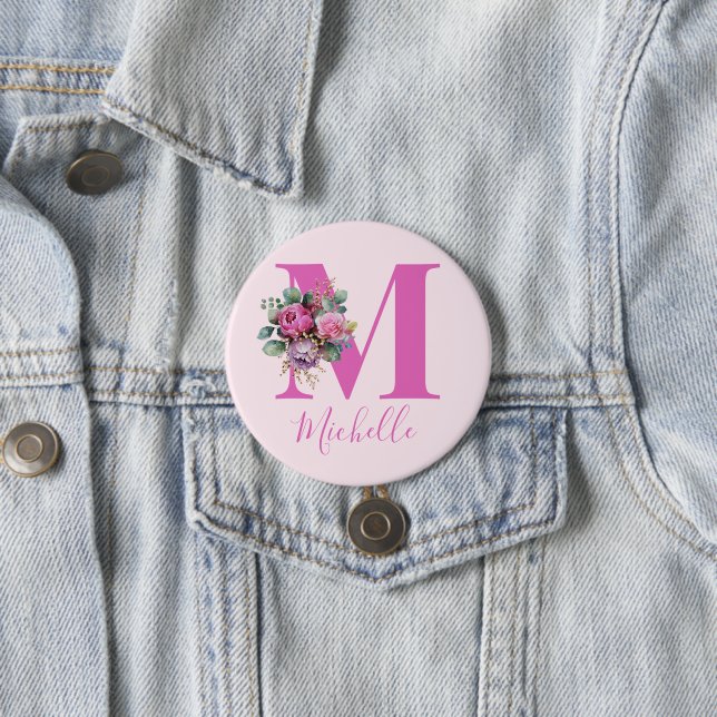 Monogram Pink Floral Watercolor Initial Name Button (In Situ)
