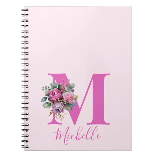 Monogram Pink Floral Watercolor Initial Name Notebook