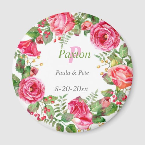 Monogram Pink Floral Wedding  Magnet