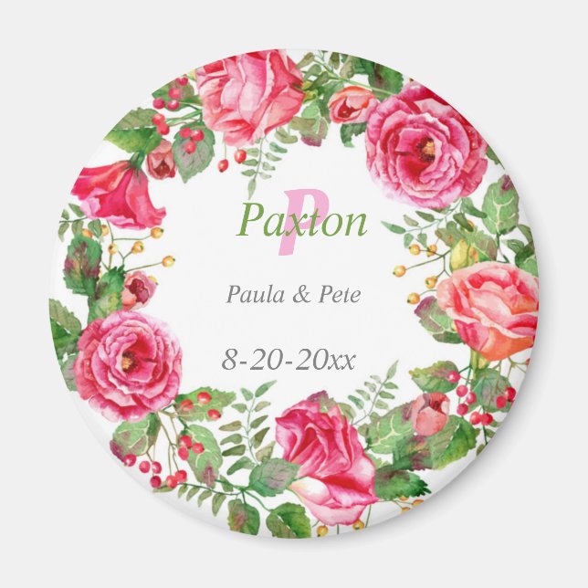 Monogram Pink Floral Wedding  Magnet (Front)