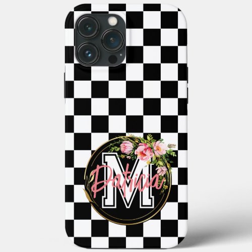 Monogram pink Flower black and white Checkered iPhone 13 Pro Max Case