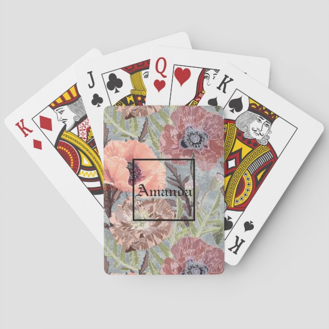 Monogram pink flowers poker cards (Back)