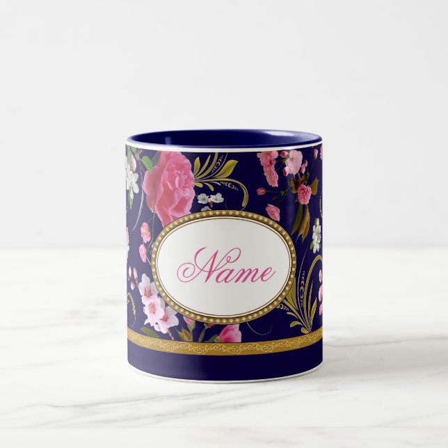 Monogram Pink Flowers Two-Tone Coffee Mug (Center)