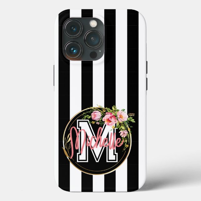 Monogram pink flowers with black and white striped Case-Mate iPhone case (Back)