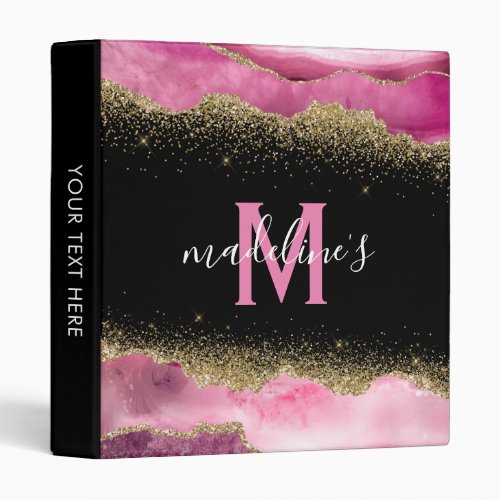 Monogram Pink Geode Agate Gold Glitter 3 Ring Bind 3 Ring Binder - Elegant monogram ring binder featuring gold glitter encrusted into geode gemstone agate crystal, a stylish black background that can be changed to any color, your initial, and name.