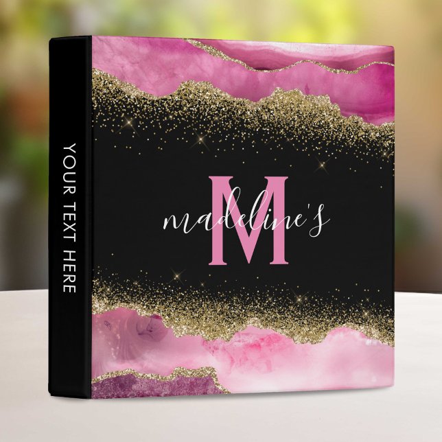 Monogram Pink Geode Agate Gold Glitter 3 Ring Bind Binder (Creator Uploaded)