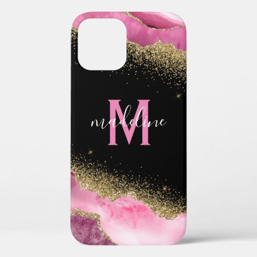 Monogram Pink Geode Agate Gold Glitter iPhone 12 Case - Elegant monogram iphone case featuring gold glitter encrusted into geode gemstone agate crystal, a stylish black background that can be changed to any color, your initial, and name.