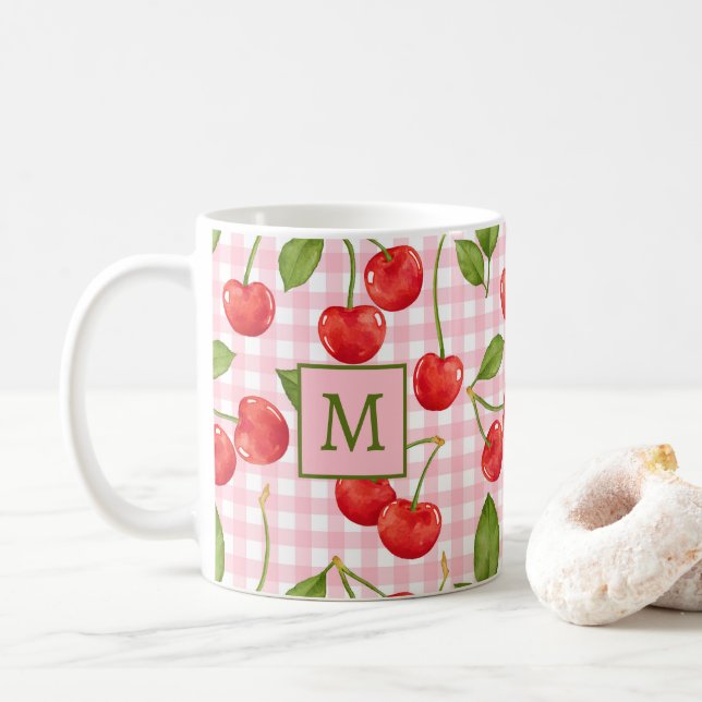 Monogram Pink Gingham & Cherries Mug (With Donut)