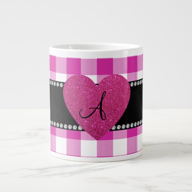 MONOGRAM Pink gingham pattern heart Giant Coffee Mug (Front)