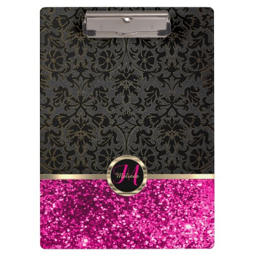 Monogram Pink Glitter and Floral Design  Clipboard