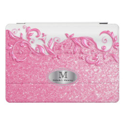 Monogram Pink Glitter and  Floral Swirls iPad Pro Cover