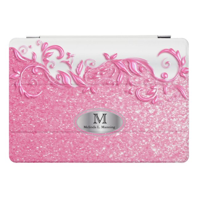 Monogram Pink Glitter and  Floral Swirls iPad Pro Cover (Horizontal)