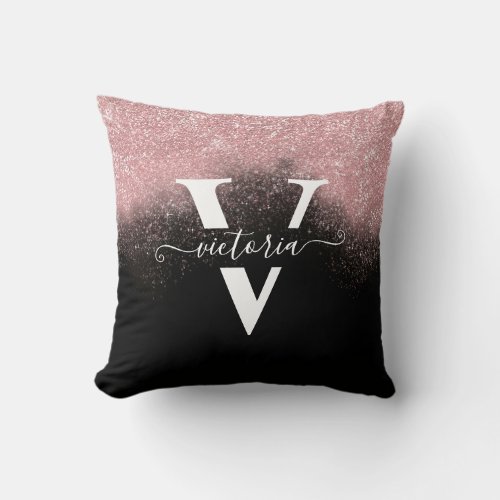 Monogram Pink Glitter Black Trendy Girly Custom Throw Pillow