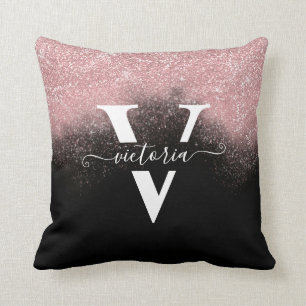 Monogram Pink Glitter Black Trendy Girly Custom Throw Pillow