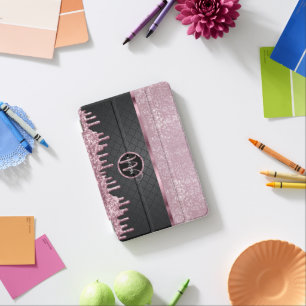 Monogram Pink Glitter Drip and Black iPad Mini Cover