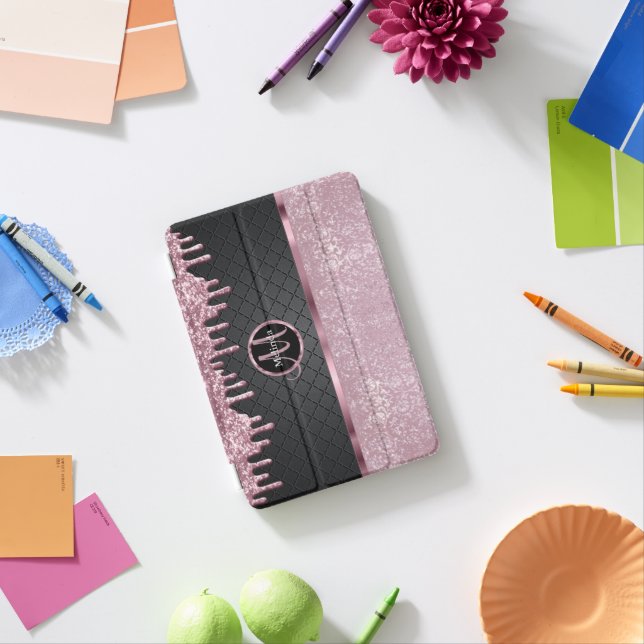Monogram Pink Glitter Drip and Black iPad Mini Cover (In Situ)
