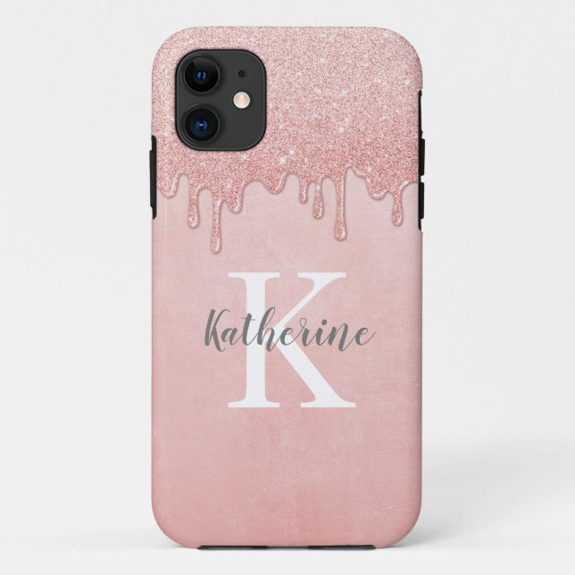 Monogram Pink Glitter Drips Glam Case-Mate iPhone Case (Back)