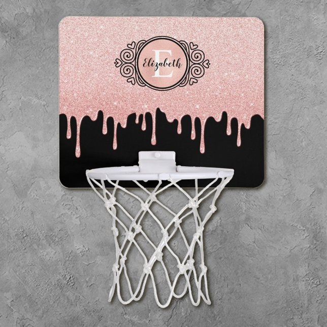 Monogram Pink Glitter Drips Mini Basketball Hoop (A girly mini basketball hoop. a fun accent to a girls bedrrom)