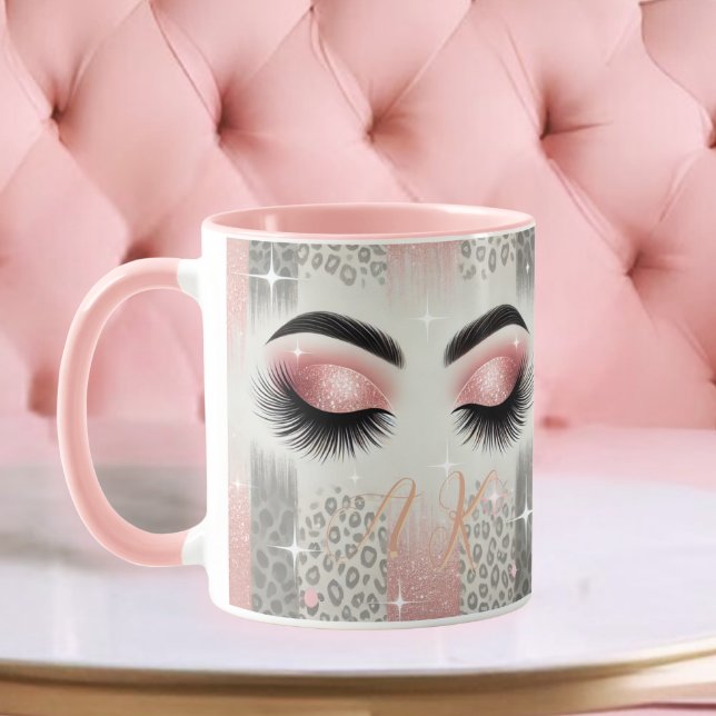 Monogram Pink Glitter Eyelashes  Mug ( Luxe sparkle mug with glam pink glitter lashes — perfect birthday or beauty gift)