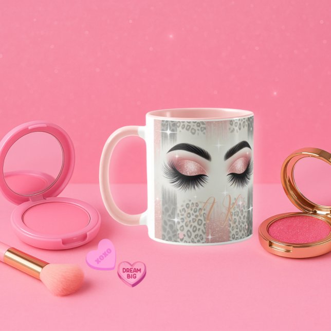 Monogram Pink Glitter Eyelashes  Mug (Pink glitter lashes mug — glam gift for bride, MOH, or beauty lover)