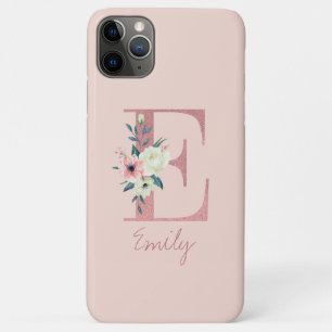 Monogram Pink Glitter Flower Letter E Light Pink iPhone 11 Pro Max Case