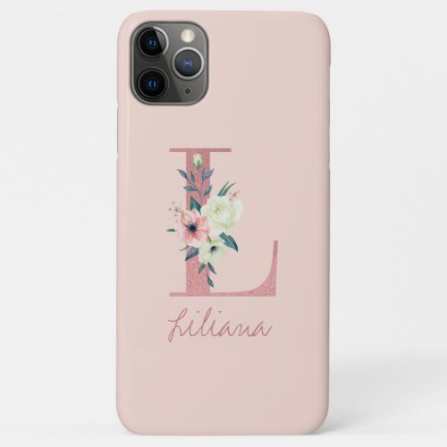 Monogram Pink Glitter Flower Letter L Light Pink iPhone 11 Pro Max Case