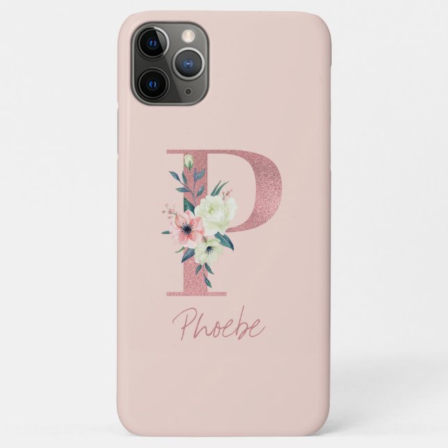 Monogram Pink Glitter Flower Letter P Light Pink Case-Mate iPhone Case (Back)