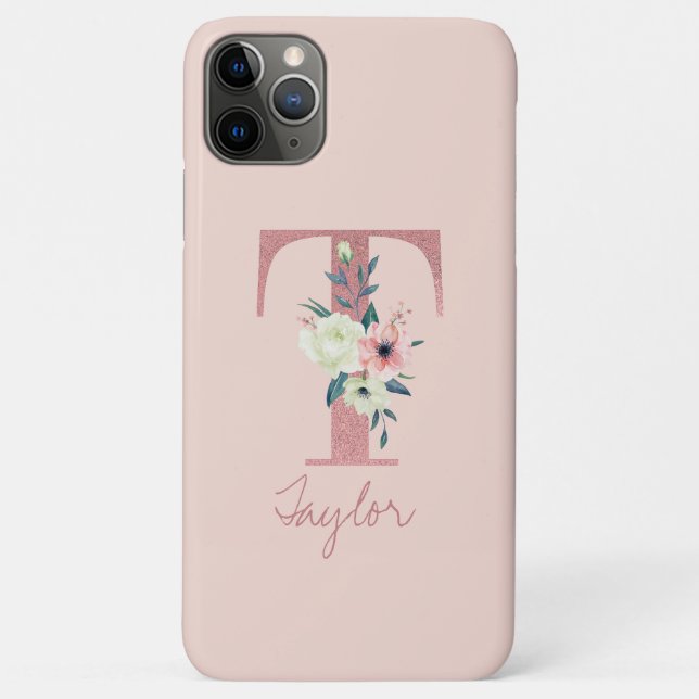 Monogram Pink Glitter Flower Letter T Light Pink Case-Mate iPhone Case (Back)