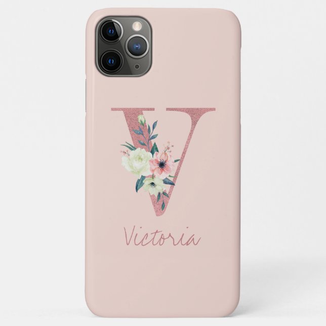 Monogram Pink Glitter Flower Letter V Light Pink Case-Mate iPhone Case (Back)